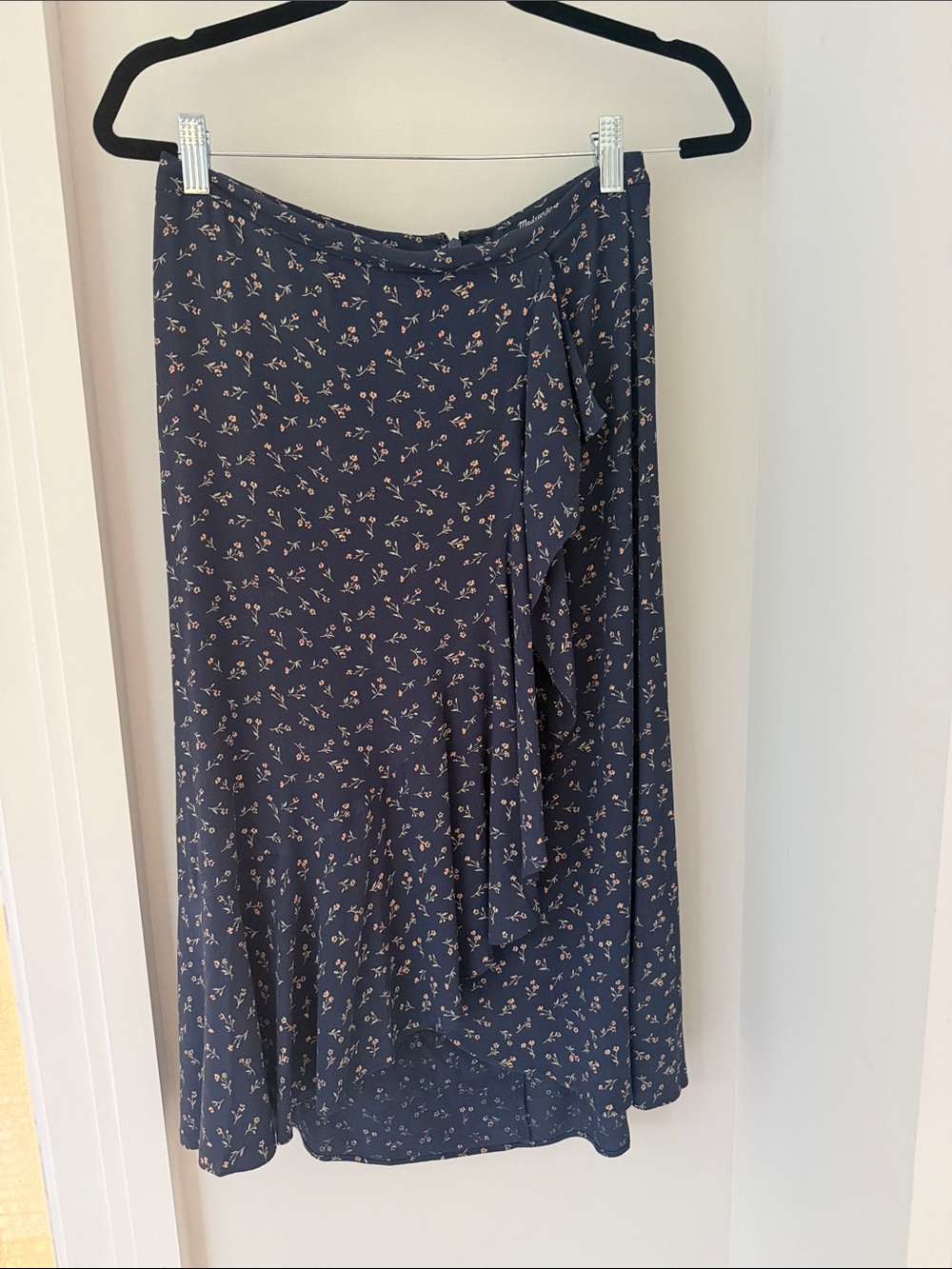 Madewell Navy Midi Skirt with Small Pink Floral Print